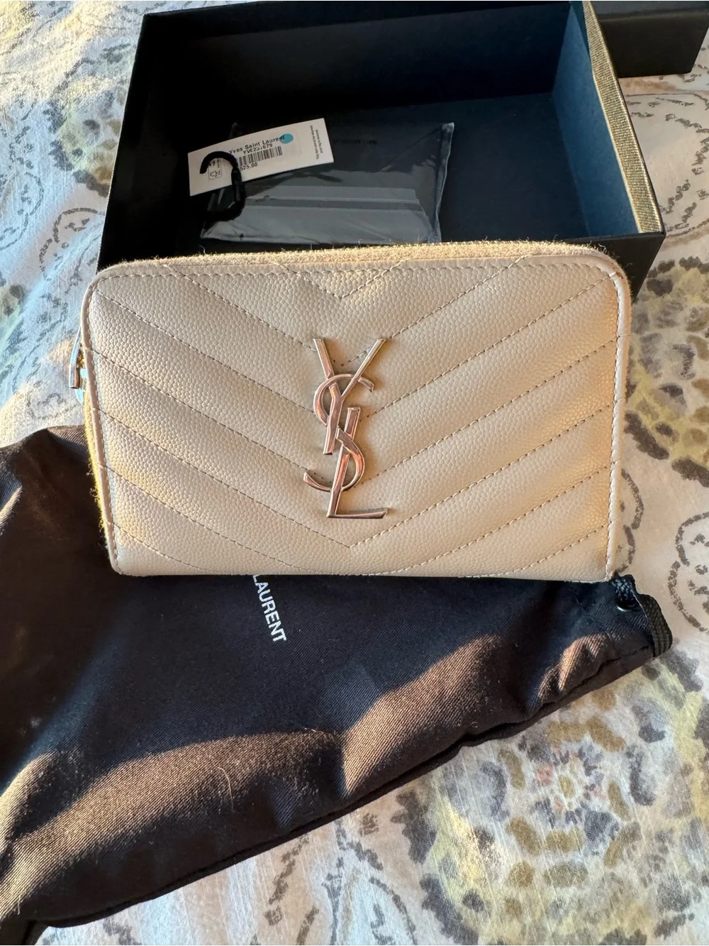 Saint Laurent Beige Chevron Quilted Zip-Around Wallet with Silver YSL